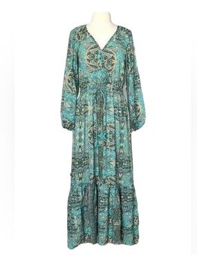 BOEMO Paisley Print Long Sleeve Tiered Maxi Dress Large Women's Green Yellow